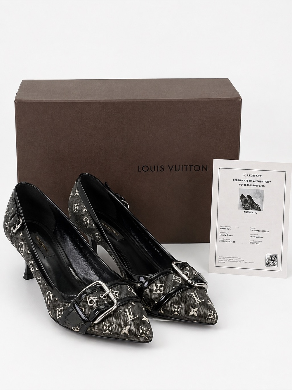 Louis Vuitton Mimosas Monogram Mini Lin‎ Buckle Pumps Heels 37.5 Box COA
